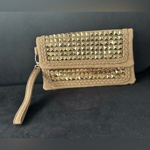 BEBE Beautiful Studded Beige Kissey Clutch Wristlet